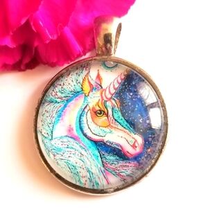 Unicorn pendant silver tone bubble dome